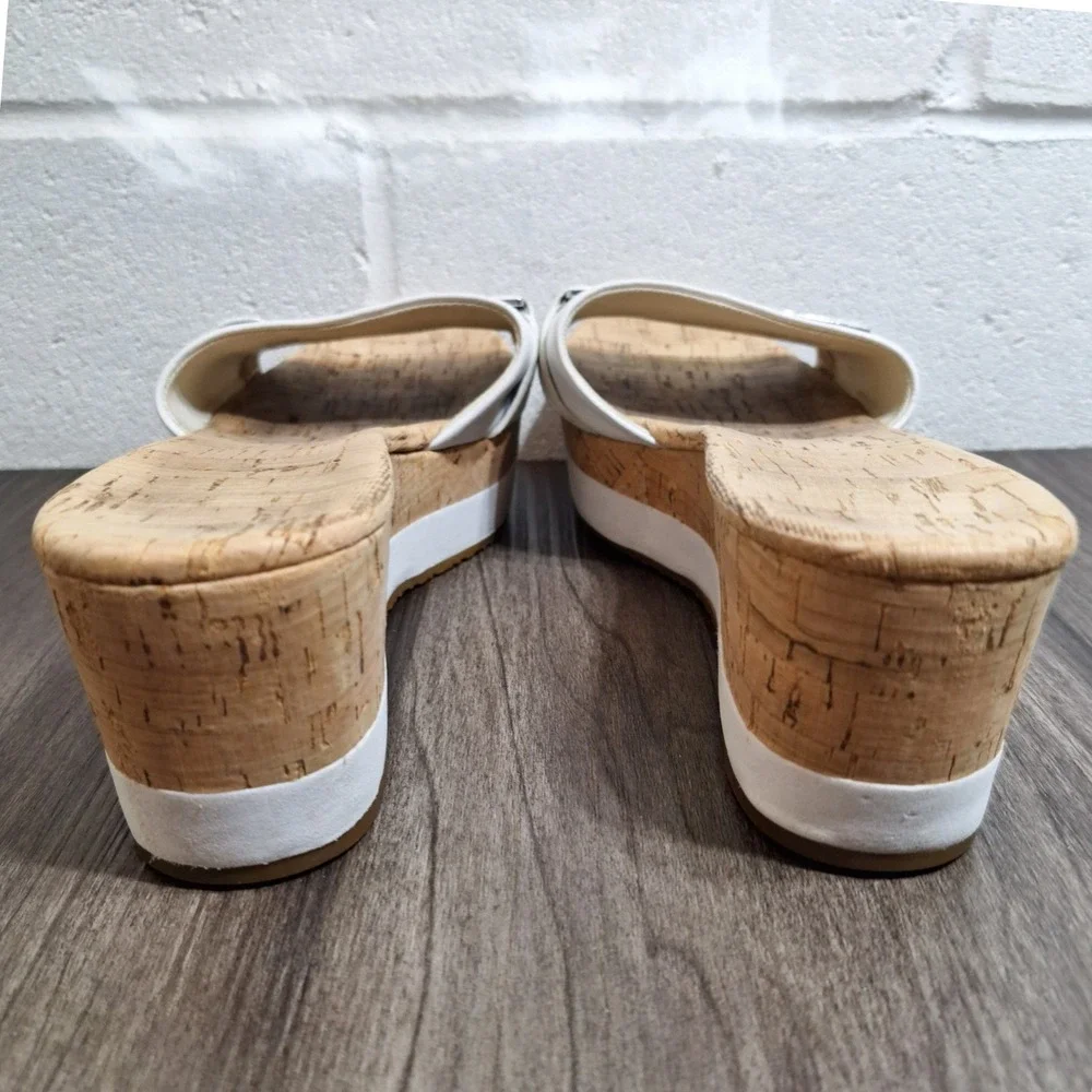 Michael Kors White Leather Cork Platform Wedge Slide Sandals Silver MK Logo 9M